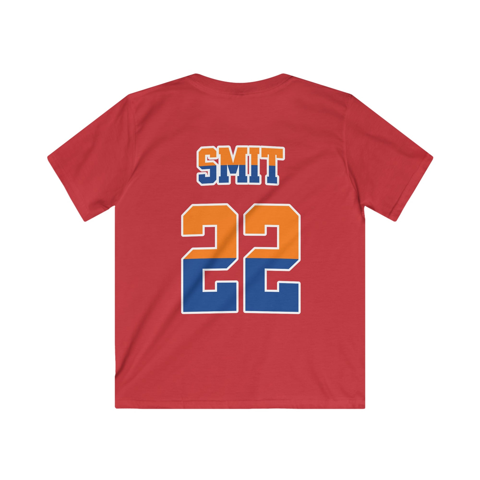 Kind Voetbal T-shirt - EK, WK en Koningsdag Kinderkleding - Personaliseer met Naam, Jaar & Rugnummer - ORANJE  (oranje en blauwe tekst)