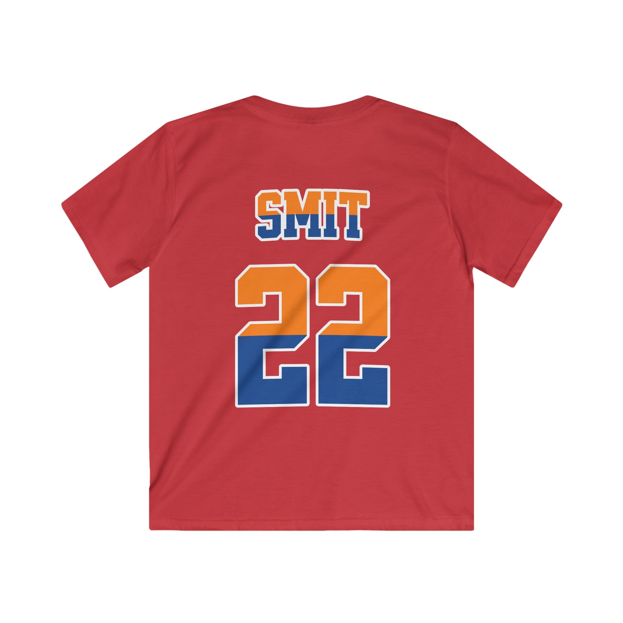 Kind Voetbal T-shirt - EK, WK en Koningsdag Kinderkleding - Personaliseer met Naam, Jaar & Rugnummer - ORANJE  (oranje en blauwe tekst)