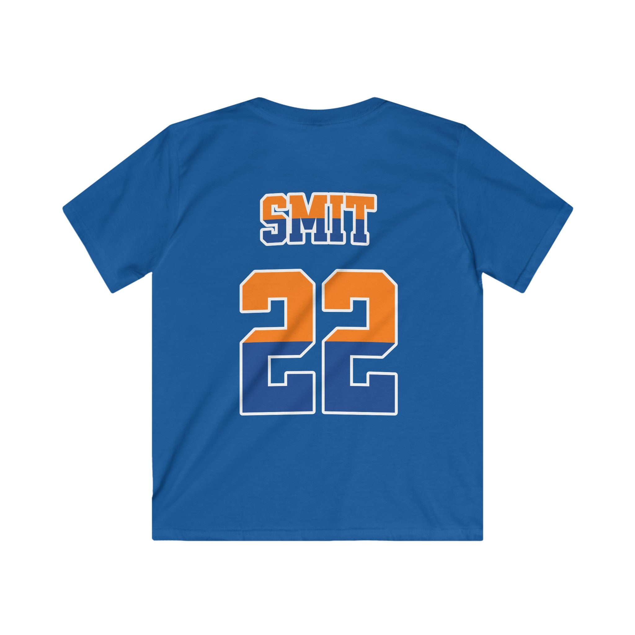 Kind Voetbal T-shirt - EK, WK en Koningsdag Kinderkleding - Personaliseer met Naam, Jaar & Rugnummer - ORANJE  (oranje en blauwe tekst)