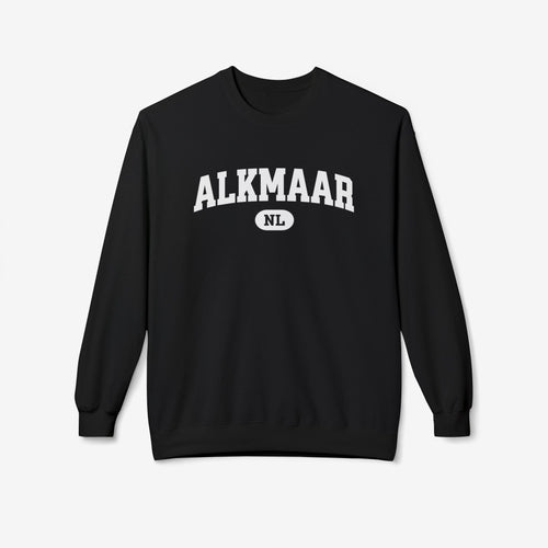 Zwarte varsitytrui met ronde hals en borstprint ALKMAAR NL