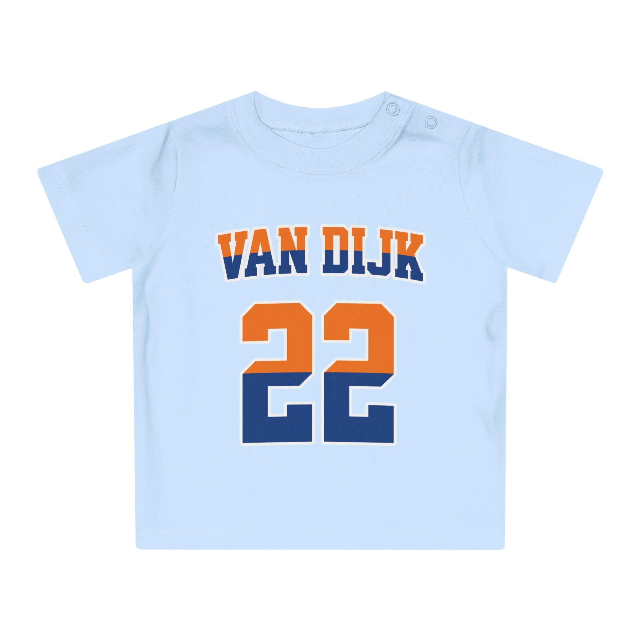 Baby T-shirt voor EK, WK en Koningsdag - Personaliseer met Naam & Rugnummer - oranje en blauwe tekst (Voorkant)