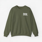 Groene herentrui met ronde hals en kleine witte opdruk DHR op de borst