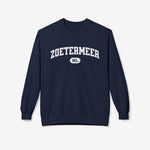 Donkerblauwe varsity trui met ronde hals en 'ZOETERMEER' borstprint met NL-badge