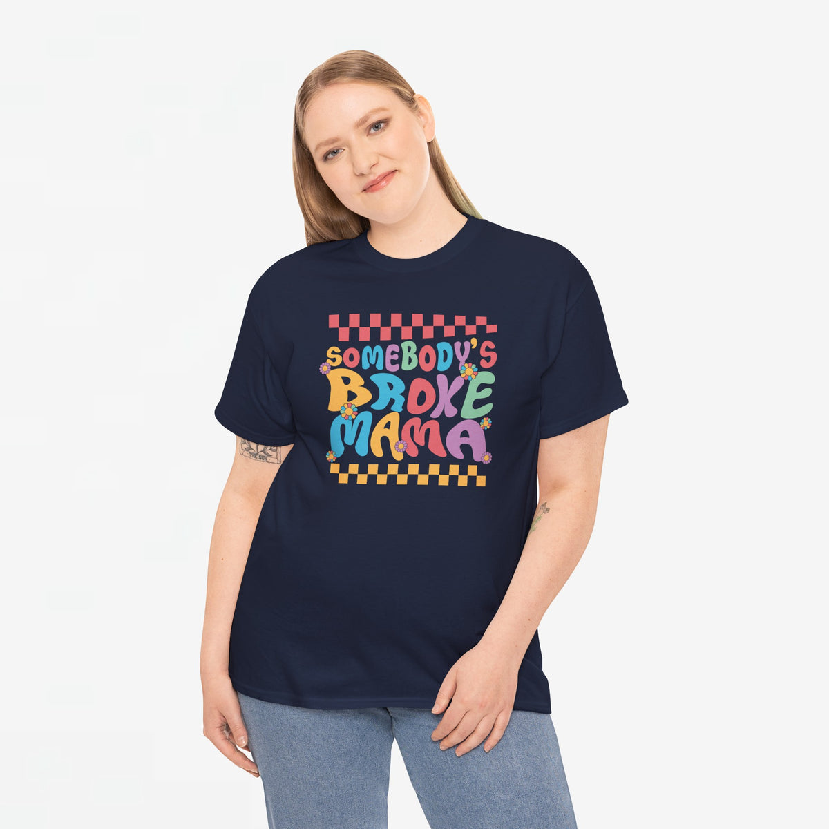 Zwart oversized T-shirt met ronde hals en kleurrijke 'Somebody's Broke Mama'-print