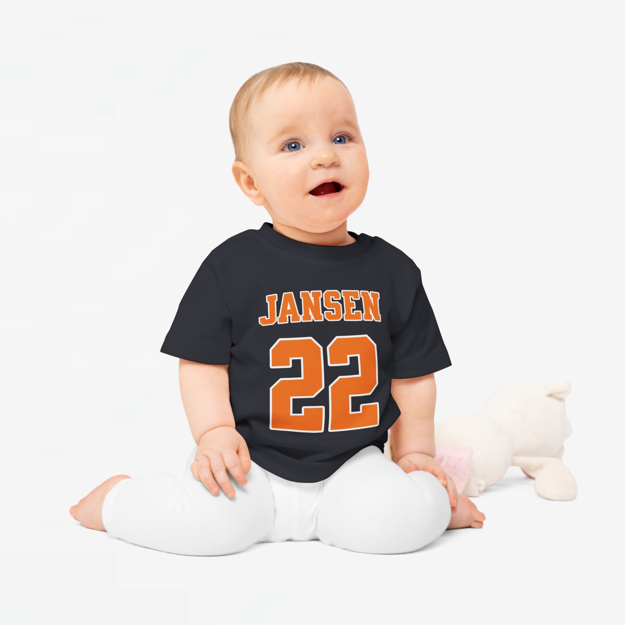 Baby T-shirt voor EK, WK en Koningsdag - Personaliseer met Naam & Rugnummer (Voorkant)