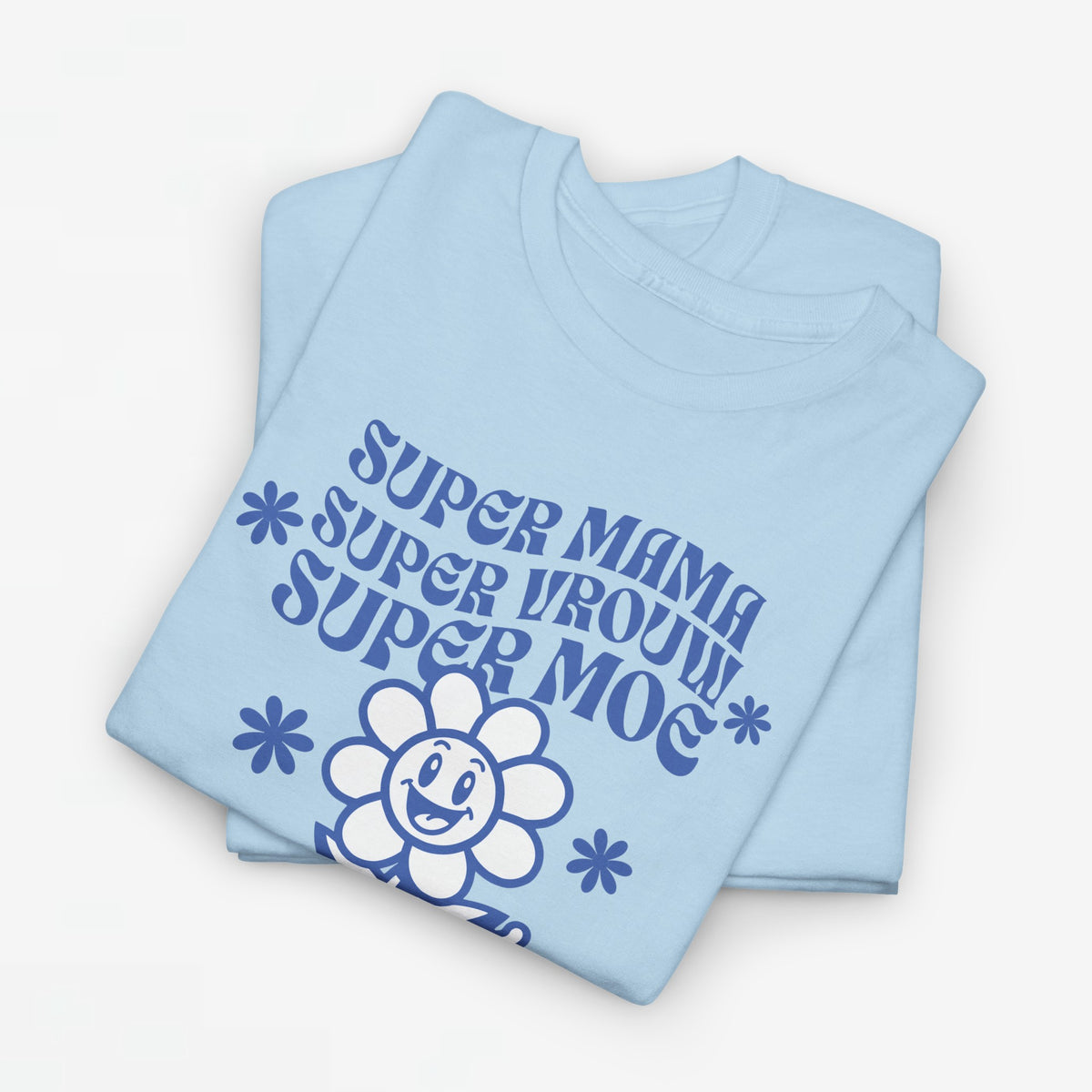 Oversized lichtblauwe t-shirt met blauwe moederdag-tekst en bloem/knuffelprint