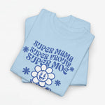 Oversized lichtblauwe t-shirt met blauwe moederdag-tekst en bloem/knuffelprint