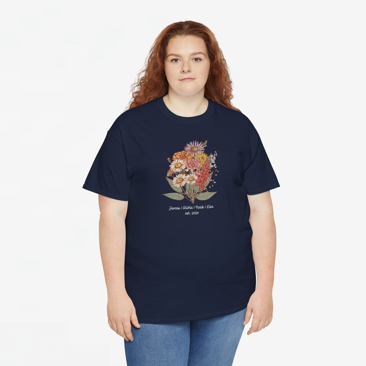 Navy T-shirt met bloemenboeketprint en gepersonaliseerde tekst