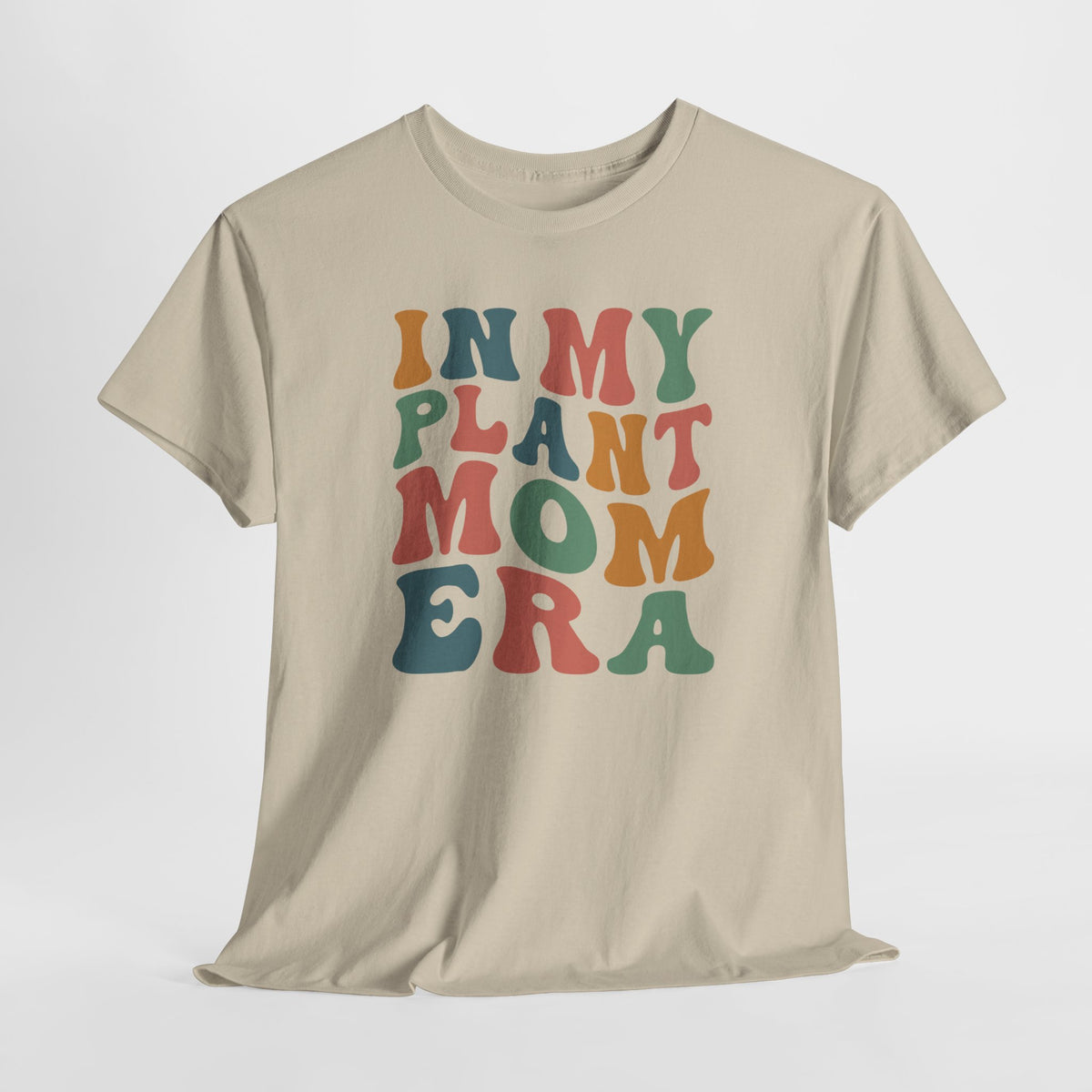 Beige T-shirt met ronde hals en kleurrijke plant-mom print op de voorkant