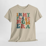 Beige T-shirt met ronde hals en kleurrijke plant-mom print op de voorkant