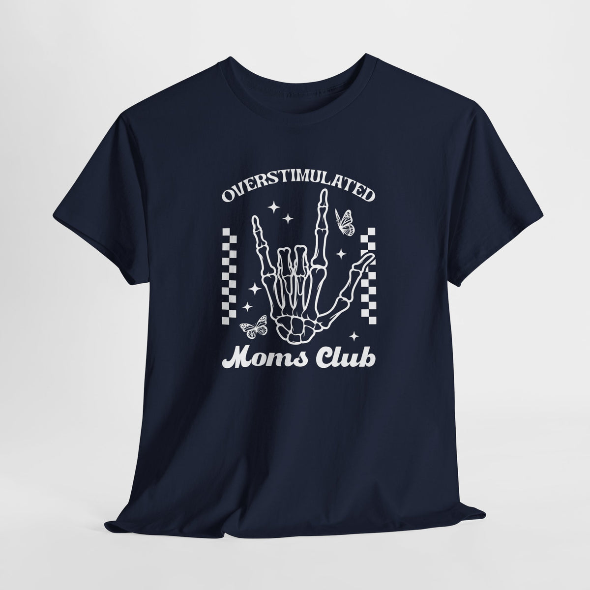 Donkere (blauwn) t-shirt met ronde hals en witte 'Moms Club' handprint op borst