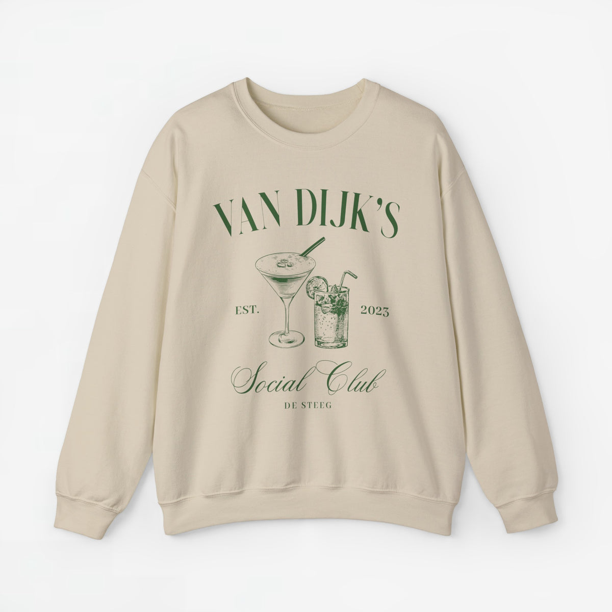 Beige sweatshirt met opdruk “Van Dijk's”, cocktailglas en martini, 2023