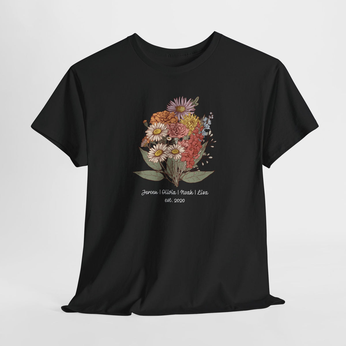 Zwart T-shirt met bloemenboeketprint en gepersonaliseerde tekst
