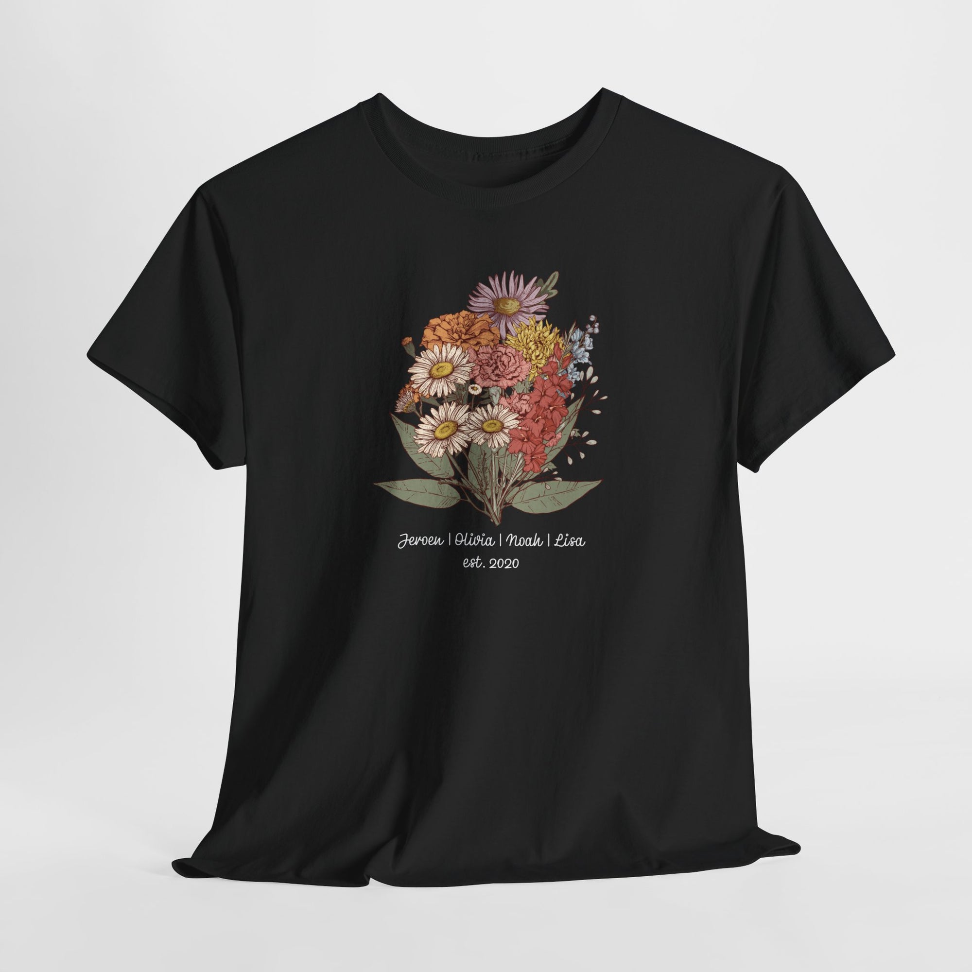 Gepersonaliseerde Moederdag Mama Cadeau - T-shirt - Familie Bloemen boeket met namen - EST [JAAR] (witte tekst) Ver.2