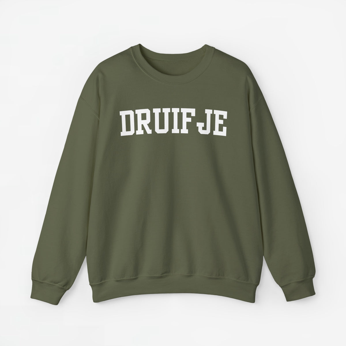 Olijfgroene trui met 'DRUIFJE' print op de borst.
