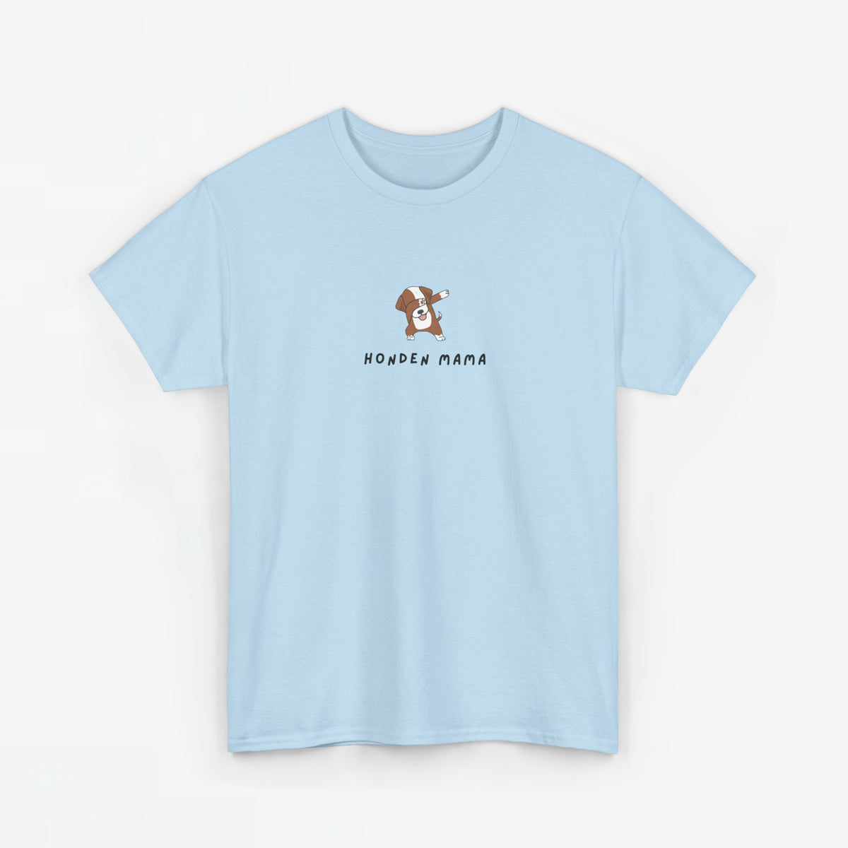 Lichtblauwe T-shirt met ronde hals en borstprint 'Honden Mama' en hondenicoon