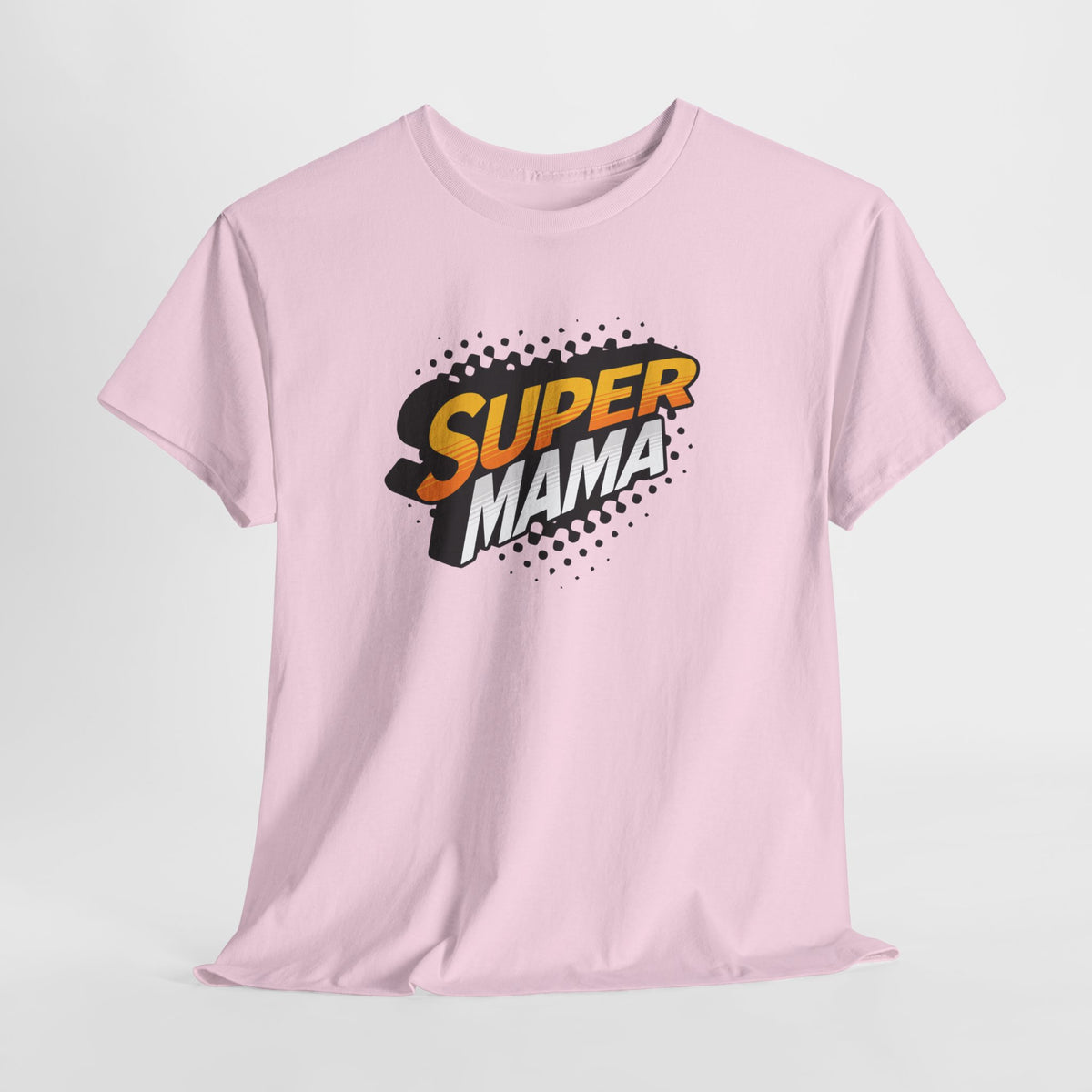 Roze T-shirt met borstprint "SUPER MAMA" in zwart-gele spetters.