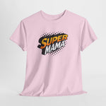 Roze T-shirt met borstprint "SUPER MAMA" in zwart-gele spetters.