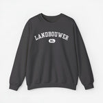 Donkere grijze sweater met ronde hals en witte opdruk “LANDBOUWER” met NL-embleem