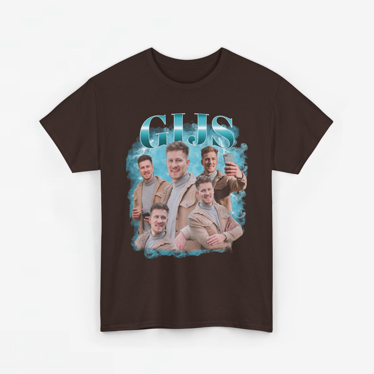 Donkerbruin t-shirt met grote foto- en tekstprint op de borst
