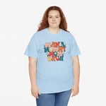 Oversized lichtblauwe t-shirt met ronde hals en Mama/Mommy/Bruh print voorop