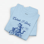 Lichtblauwe oversized t-shirt met blauwe kat op fiets en tekstprint op de borst