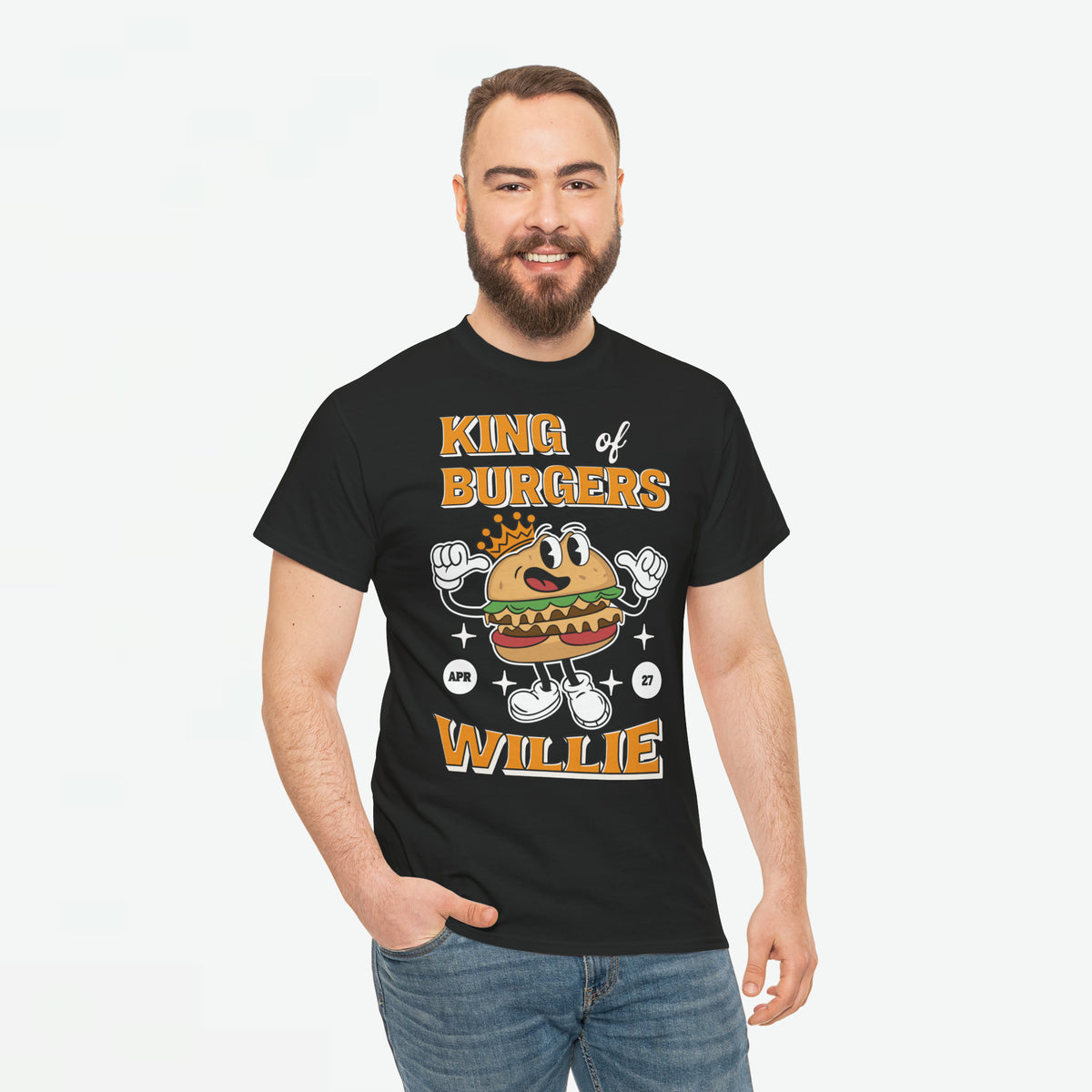 Oversized zwarte T-shirt met frontprint “King of Burgers” en “Willie”