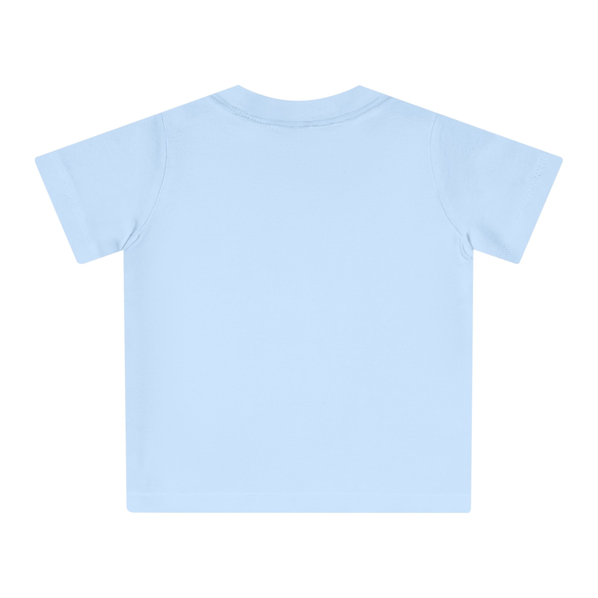 Baby T-shirt voor EK, WK en Koningsdag - Personaliseer met EST Jaar  - ORANJE - oranje en blauwe tekst (Voorkant)