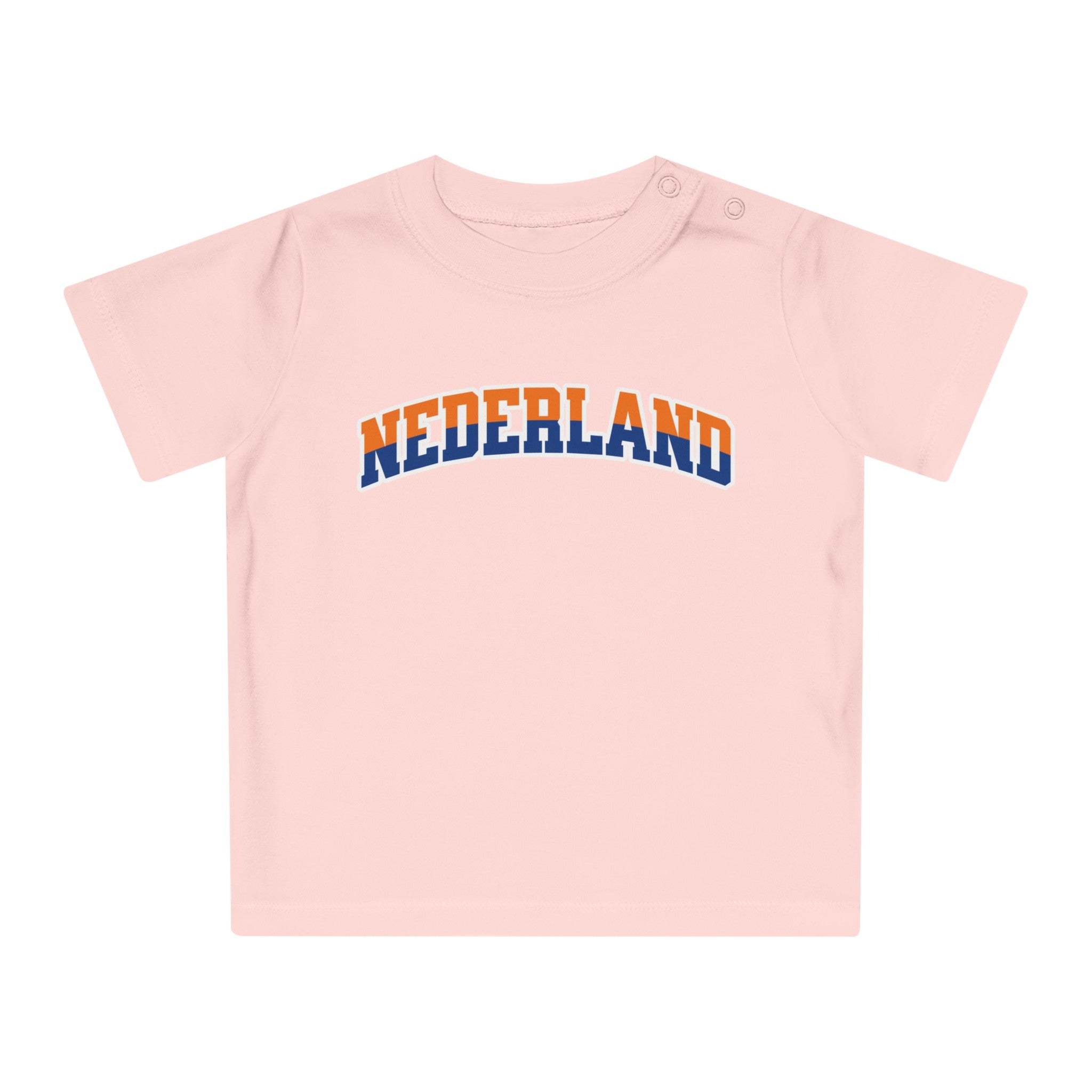 Baby T-shirt voor EK, WK en Koningsdag - NEDERLAND - oranje en blauwe tekst