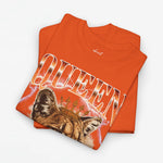 Oranje T-shirt met grote 'QUEEN' print en leeuwenkopdetail