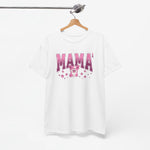 Witte T-shirt met “MAMA” print in roze en illustratie van een schattig beertje/katje