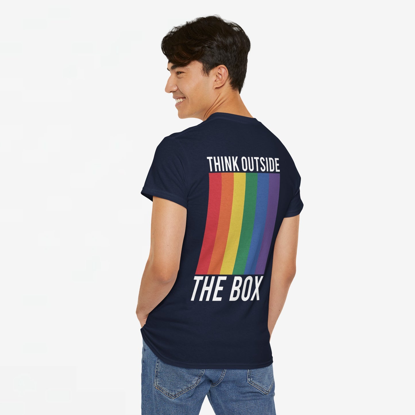 Gay Pride T-shirt - Think Outside The Box (witte tekst) - Back Print - Oversized #28