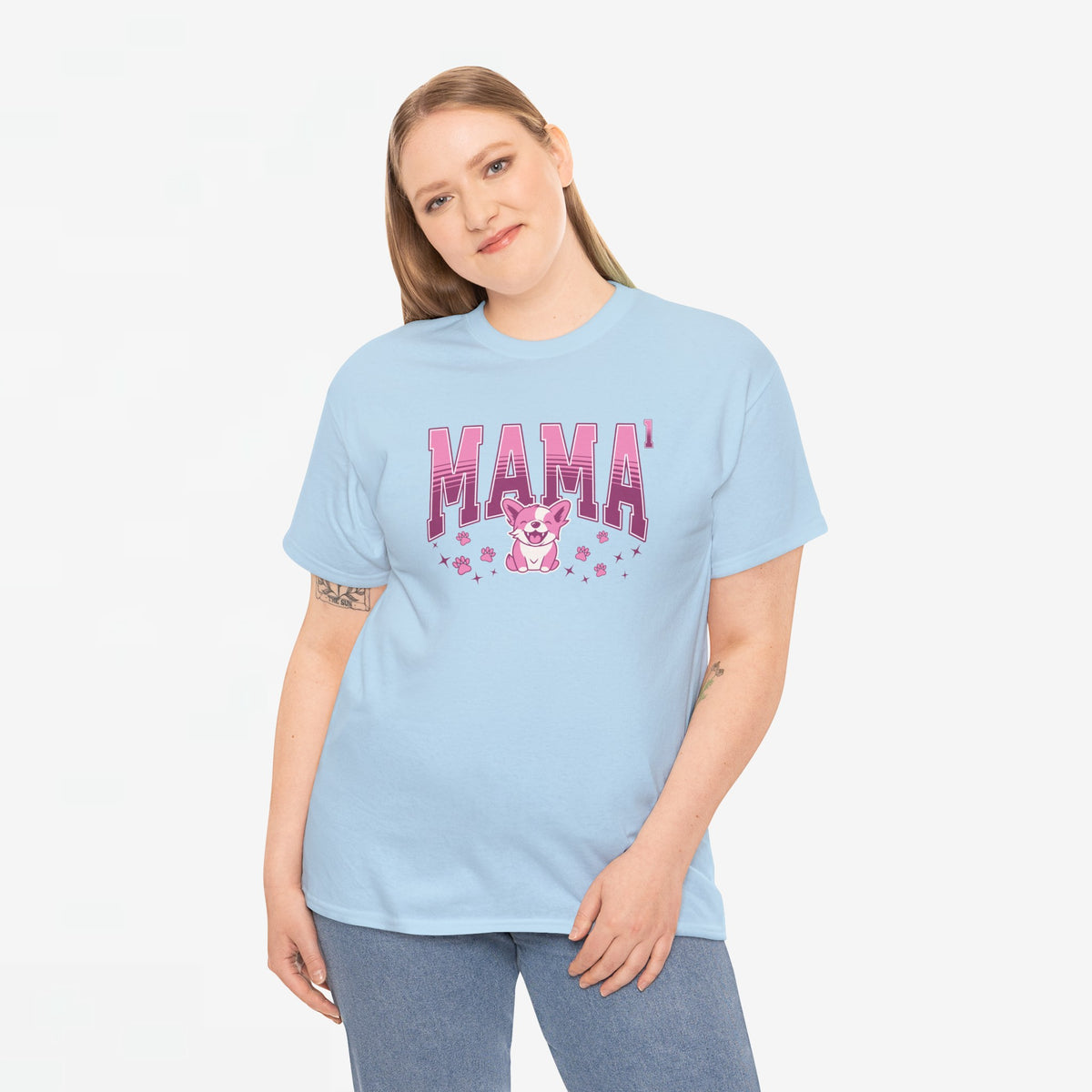Oversized lichtblauwe T-shirt met roze “MAMA”-print en kleine sterretjes
