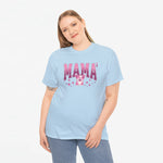 Oversized lichtblauwe T-shirt met roze “MAMA”-print en kleine sterretjes