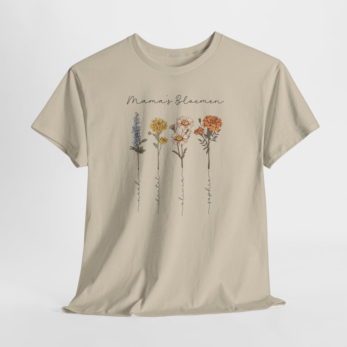 Beige T-shirt met vijf bloemstelen en tekst Mama’s Bloemen op borst