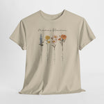 Beige T-shirt met vijf bloemstelen en tekst Mama’s Bloemen op borst
