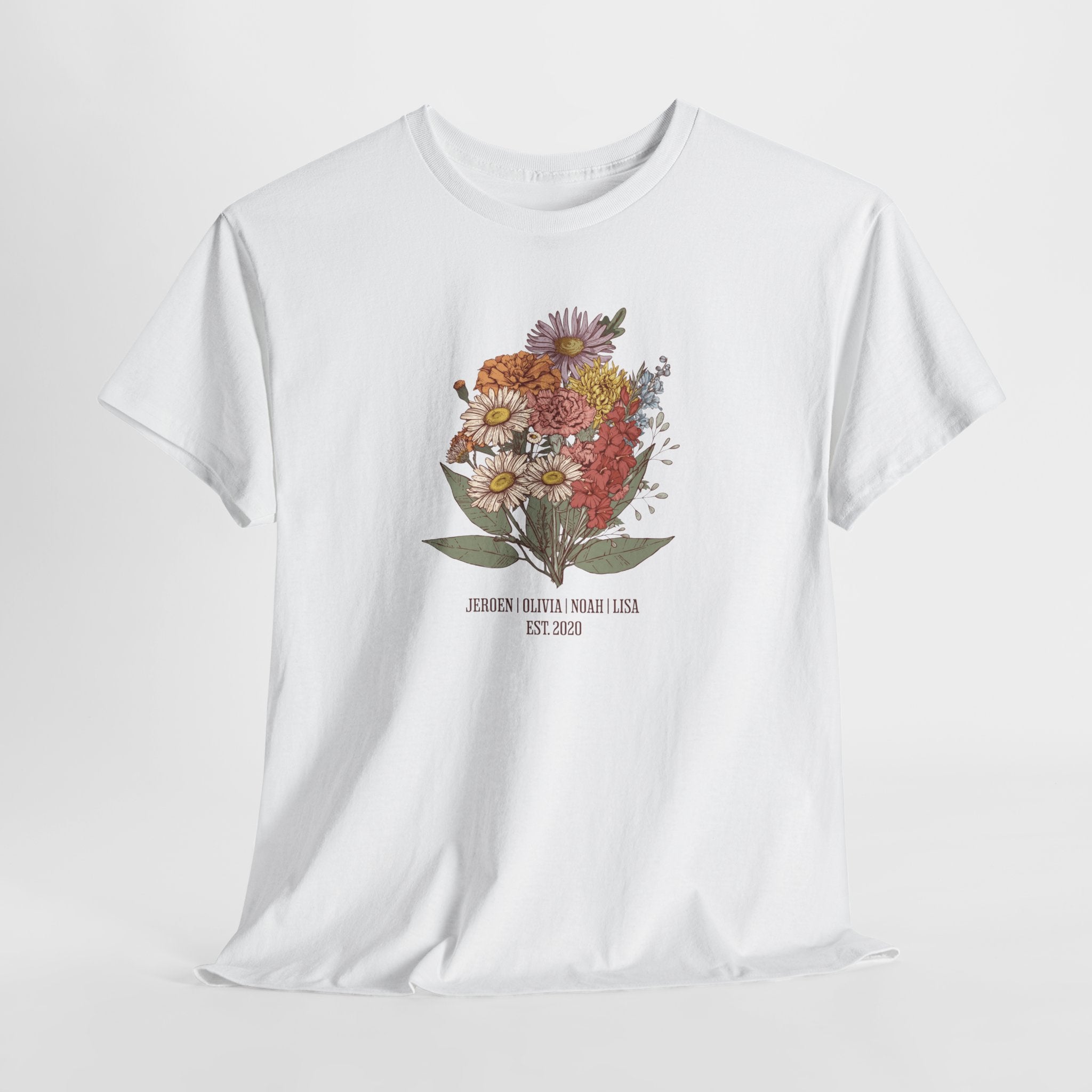 Gepersonaliseerde Moederdag Mama Cadeau - T-shirt - Familie Bloemen boeket met namen - EST [JAAR]