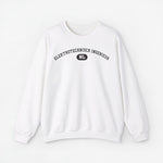Witte sweater met ronde hals en borstprint 'ELEKTROTECHNISCH INGENIEUR NL'.