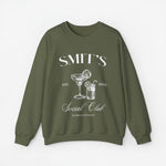 Legergroene sweatshirt met ronde hals en print van bekers en tekst op de borst.