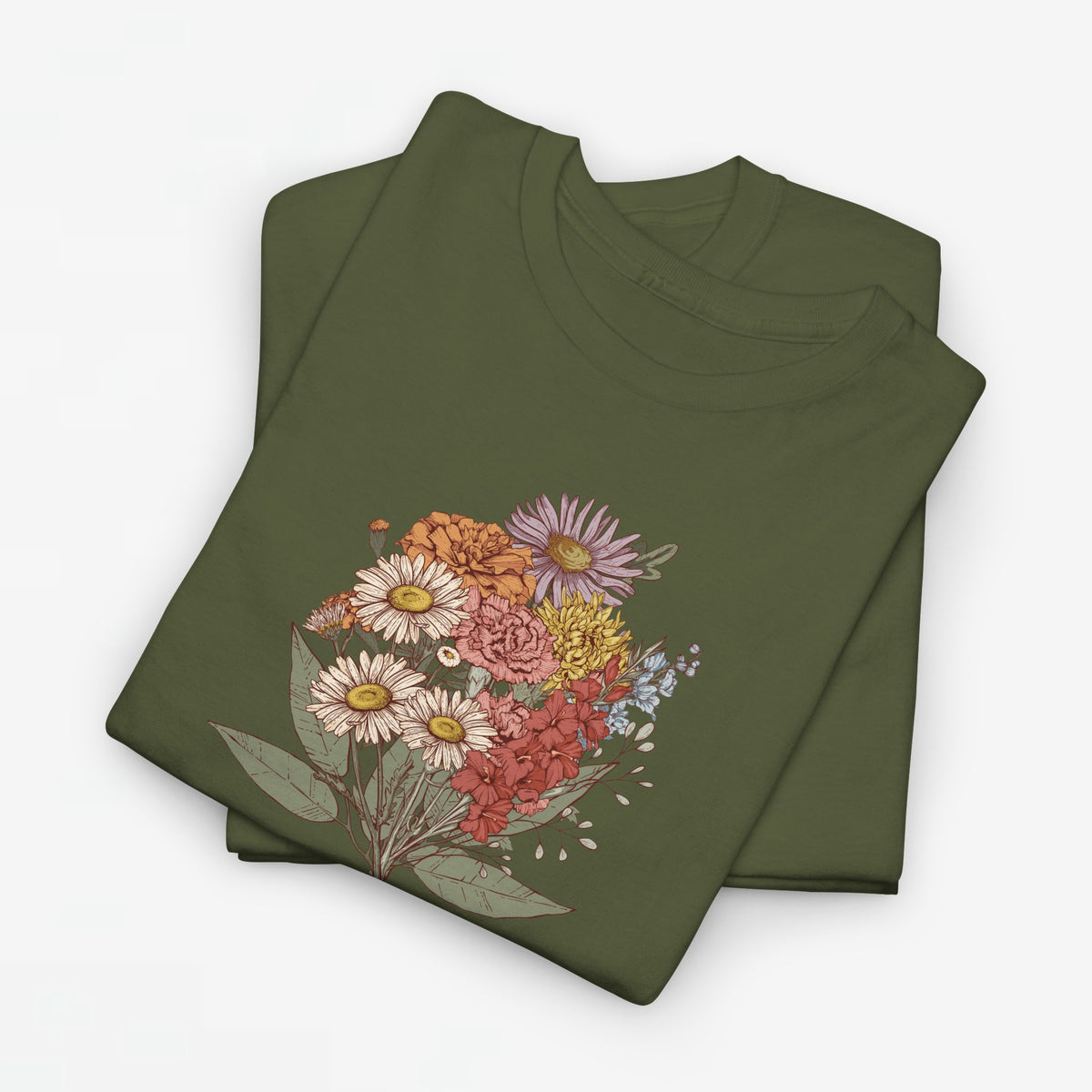 Olijfgroene T-shirt met bloemenboeketprint op de borst