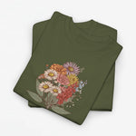 Olijfgroene T-shirt met bloemenboeketprint op de borst