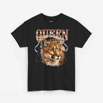 Zwarte T-shirt met leeuwenkopprint en Queen-tekst op de voorkant