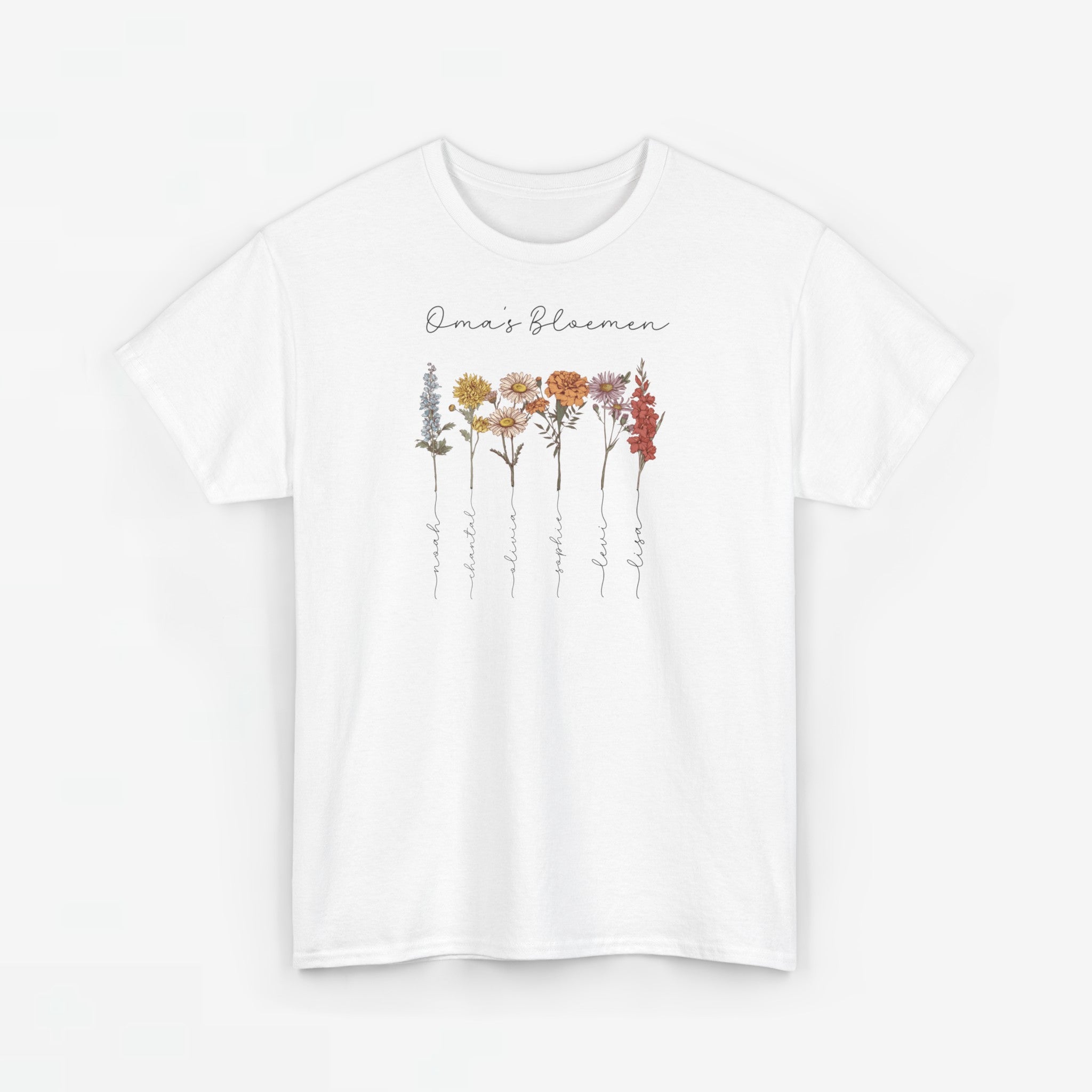 Gepersonaliseerde Moederdag Mama Cadeau - T-shirt - Oma's Bloemen met namen en geboortemaand bloemen (zwarte tekst)