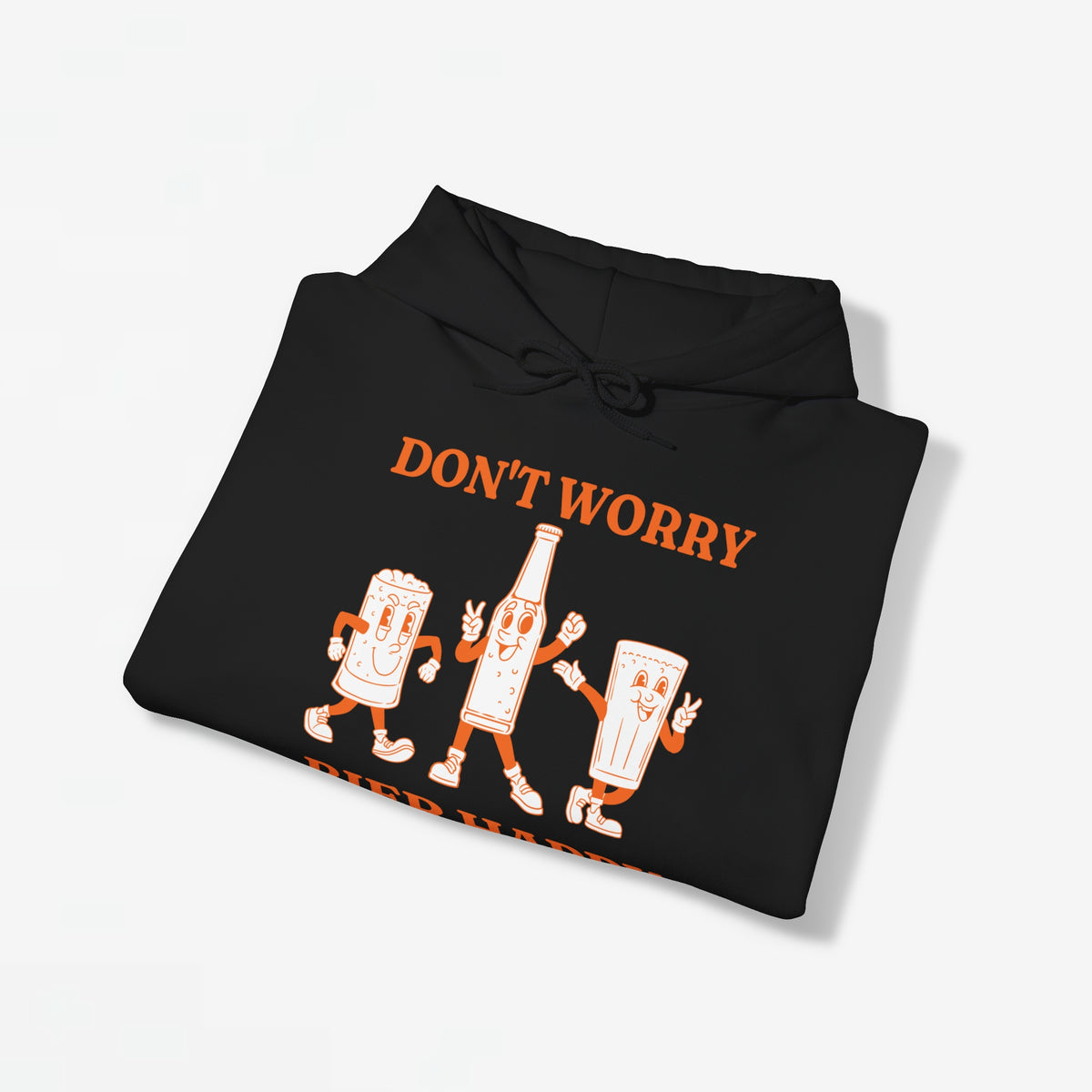 Zwarte opgevouwen oversized hoodie met voorprint 'DON'T WORRY BIER HAPPY'
