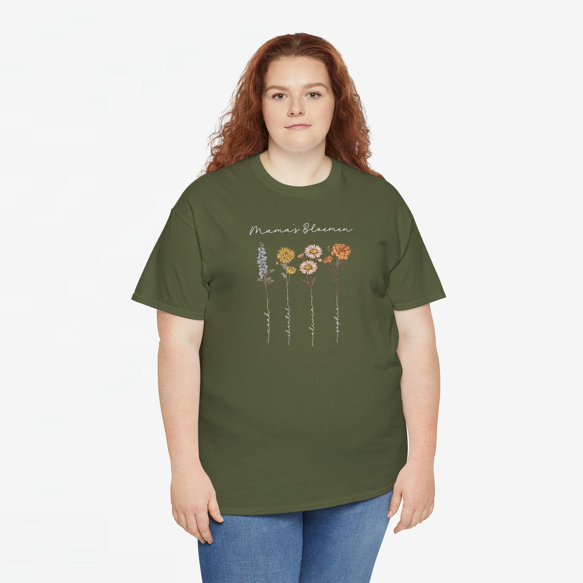 Groene dames T-shirt met bloemenillustratie en witte tekst op de borst