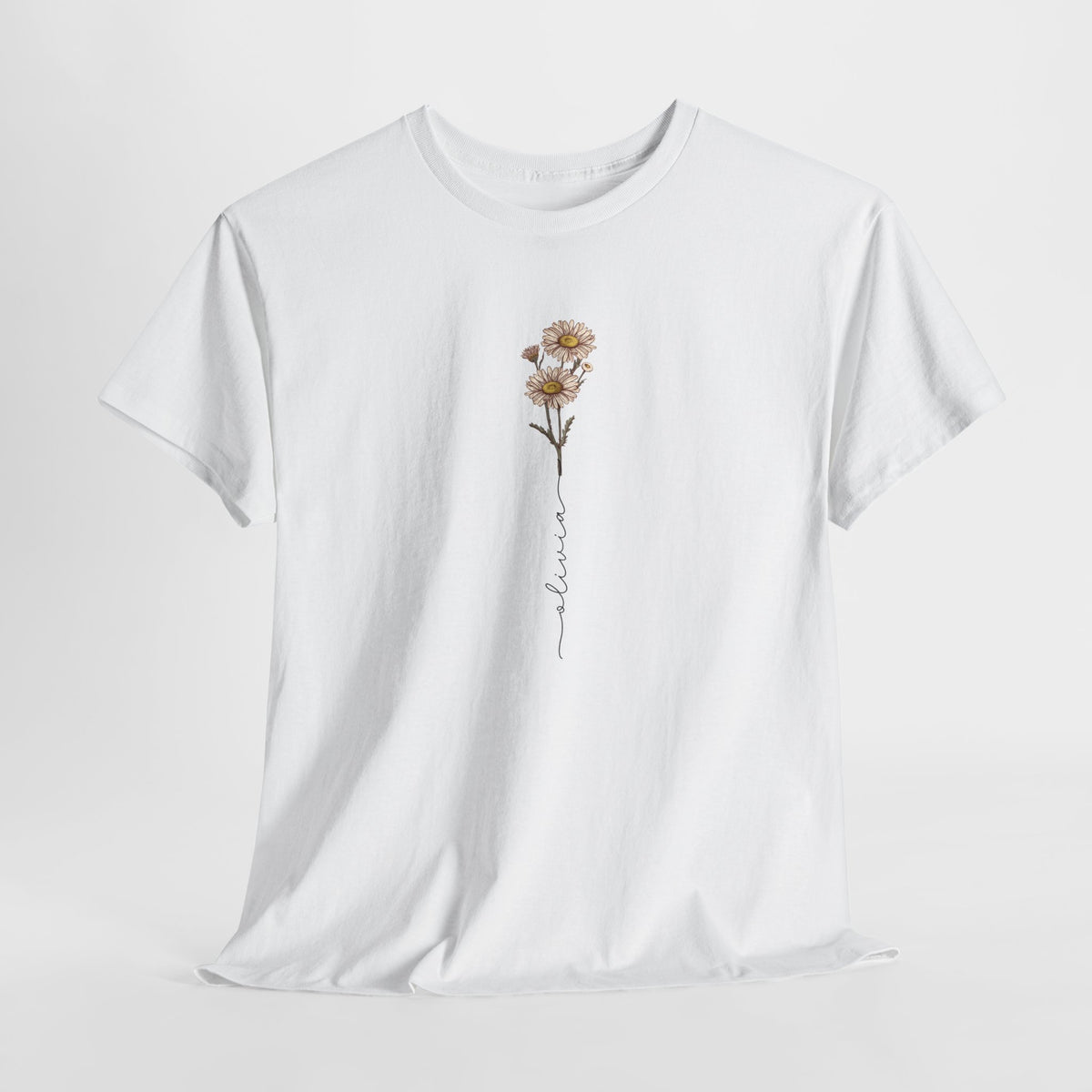 Wit T-shirt met ronde hals en bloemprint met slingerende tekstlijn op de borst