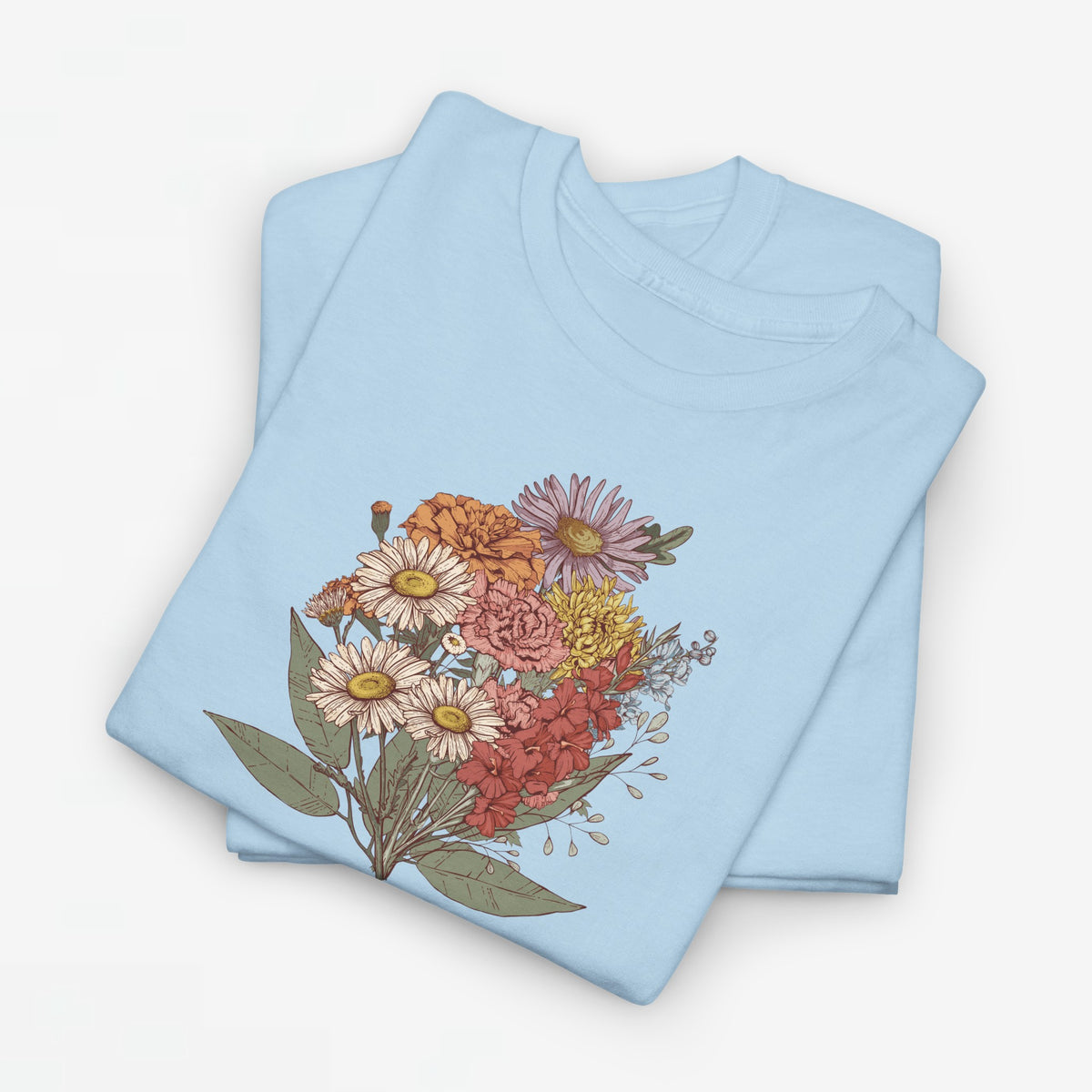 Lichtblauw t-shirt met bloemenboeketprint in kleur op de borst