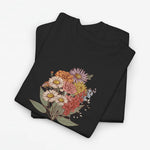 Zwarte T-shirt met bloemenboeketprint op de borst