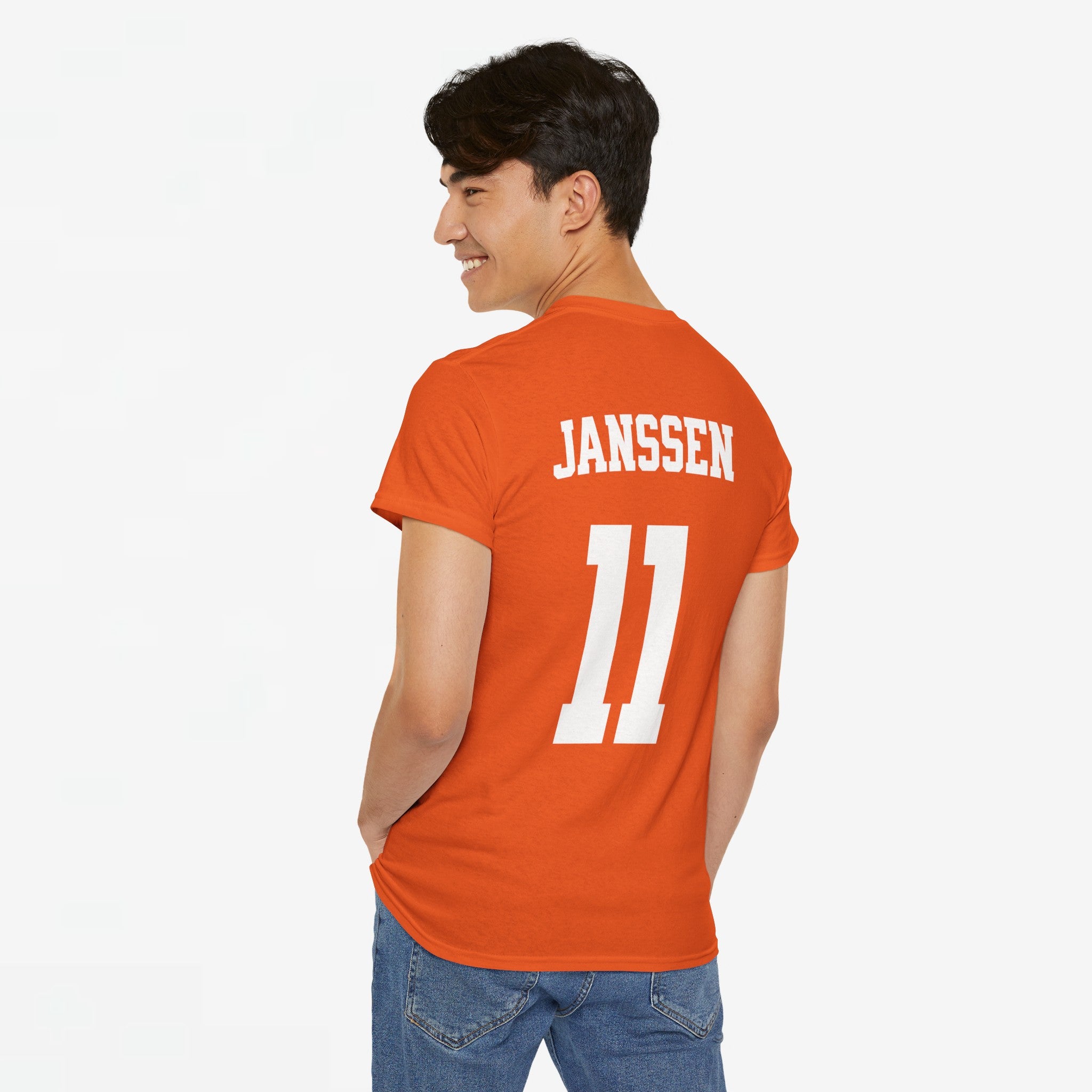 Oranje T-shirt voor EK, WK en Koningsdag - Personaliseer met Naam & Rugnummer - Nederlandse Vlag (witte tekst)