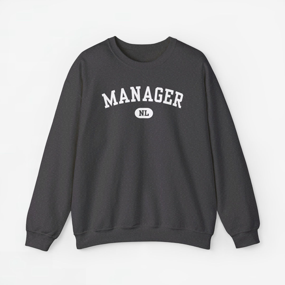 Donkergrijze sweater met ronde hals en MANAGER-opdruk met NL-logo